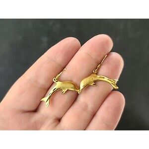 Gold Tone Dolphin Shaped Dangling Pierced Earrings Vintage Costume Jewelry